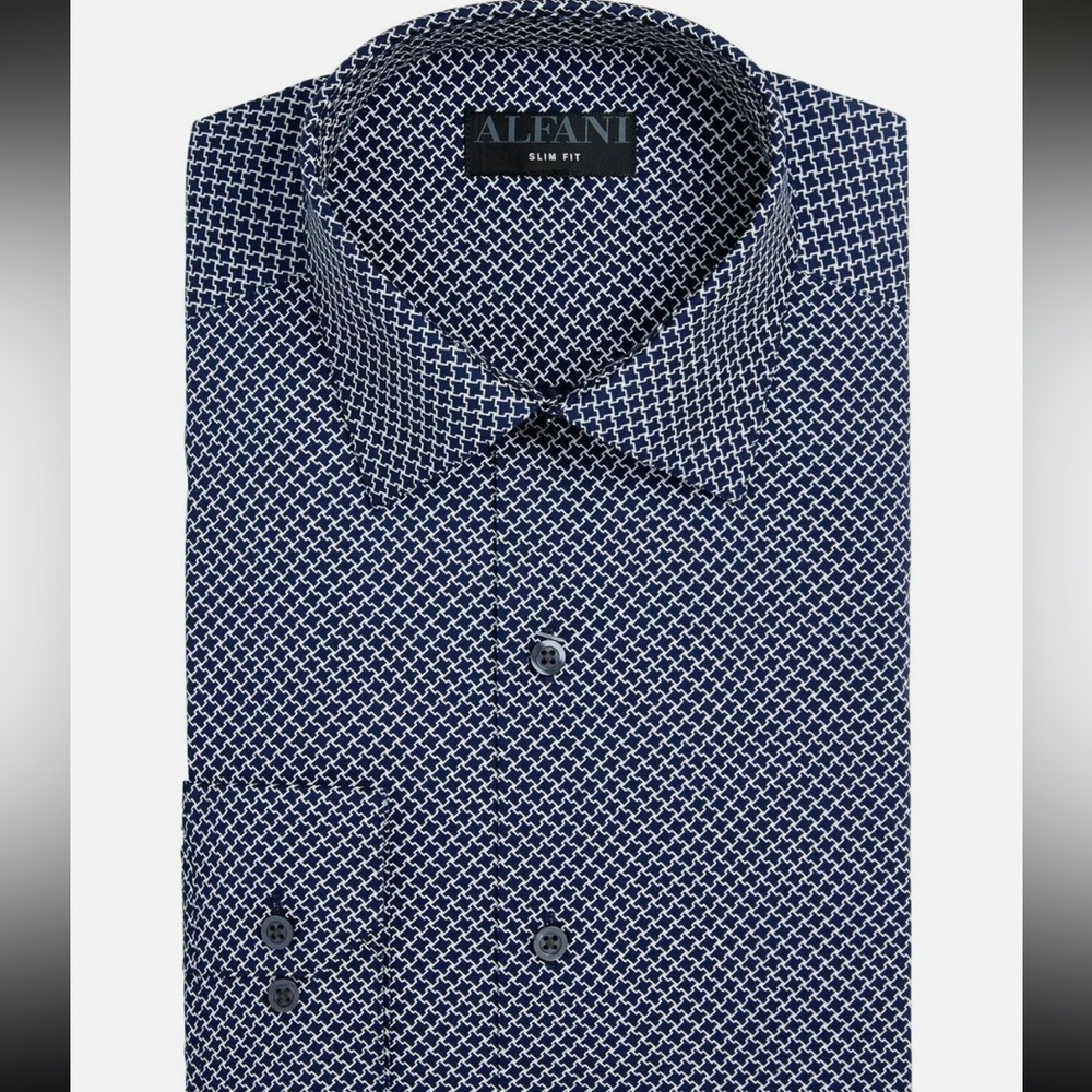 ALFANI Men's Navy Blue Geometric Slim Fit Stretch Dress Shirt Size XL